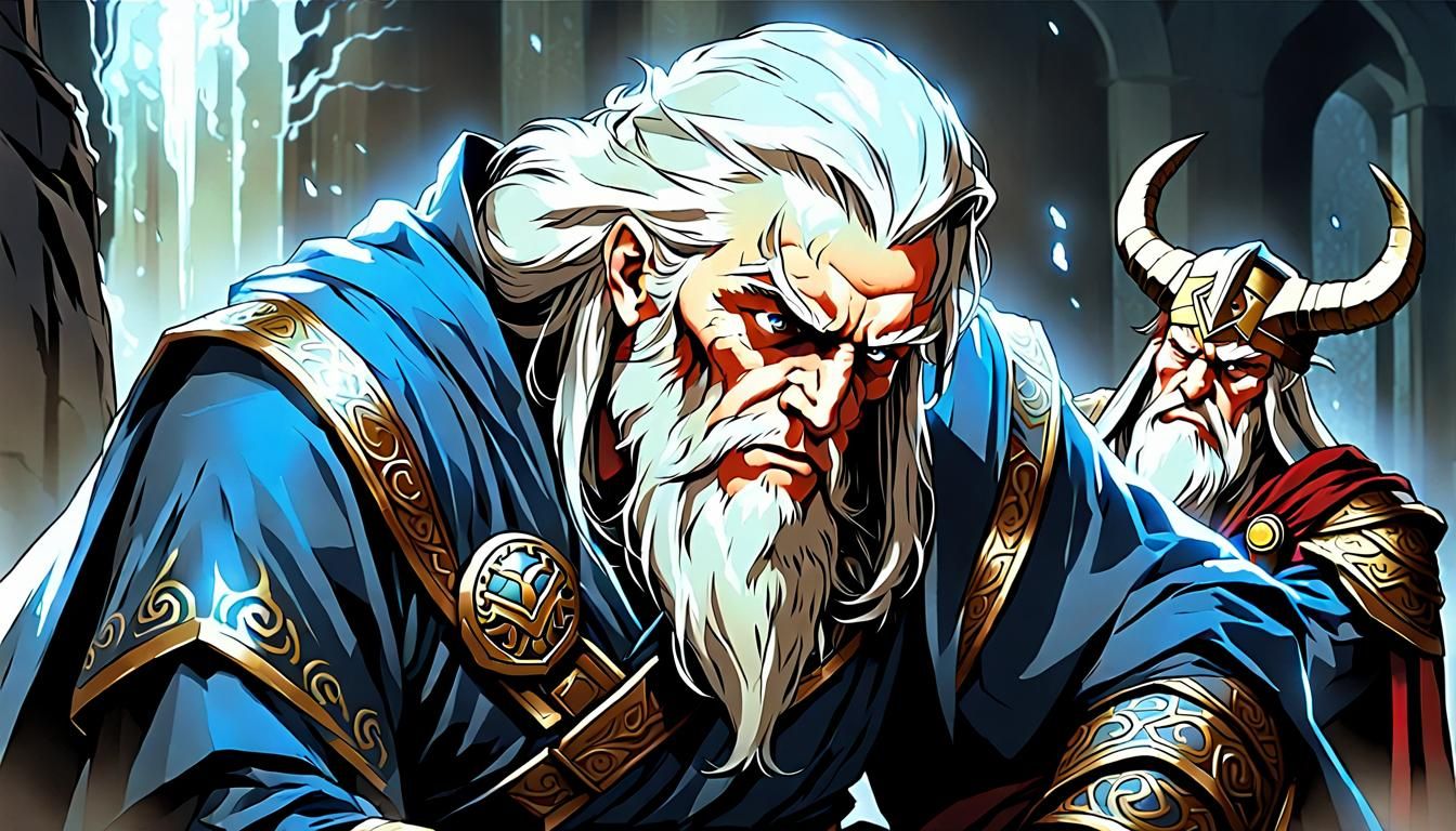 Odin stands before Mimir with a resolute expression, his hea...