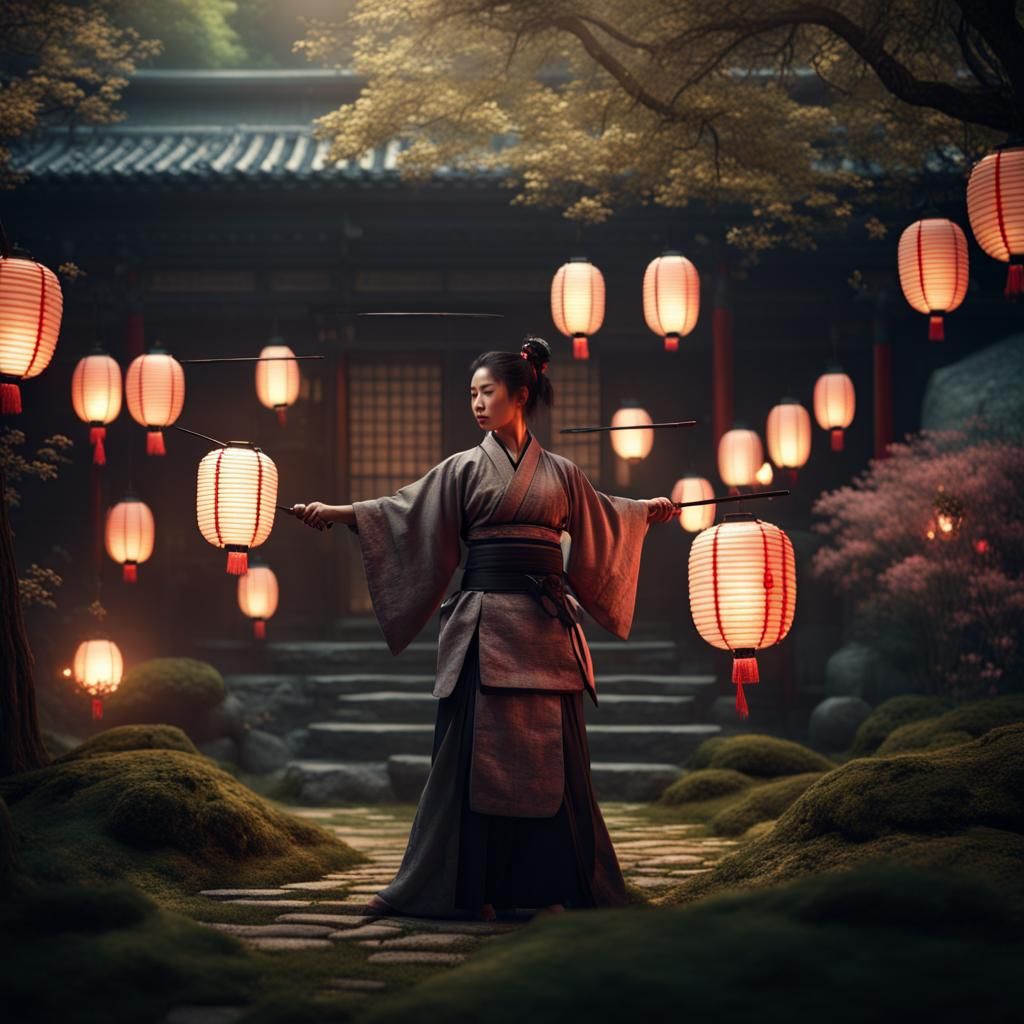 Female Samurai in Secret Garden at Night