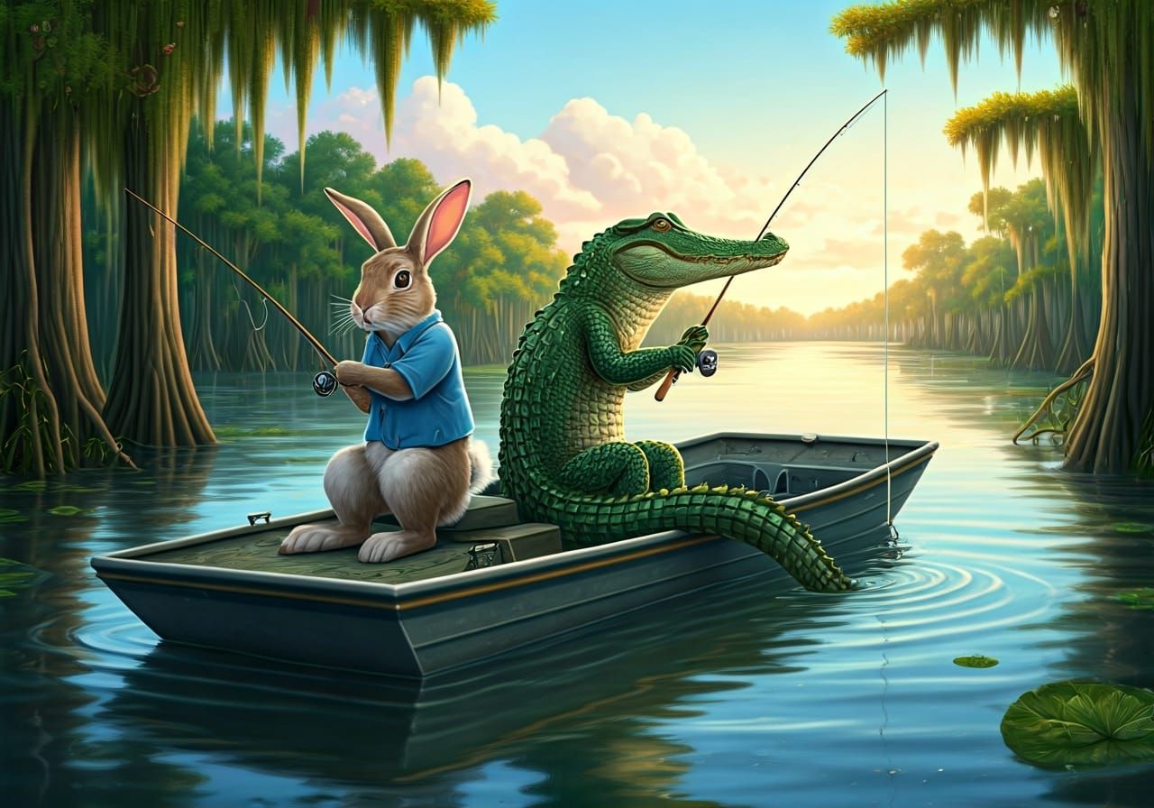 Rabbit and Alligator Fishing in Bayou