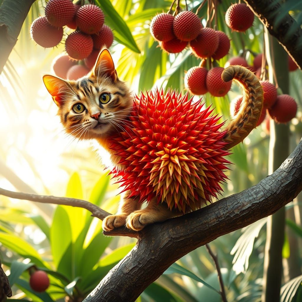 Whimsical Rambutan Cat in Tropical Paradise