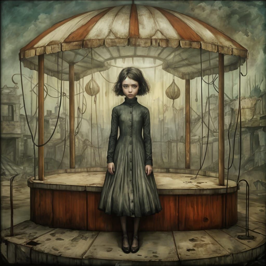 Eerie Girl in Derelict Carnival, Soft Lighting