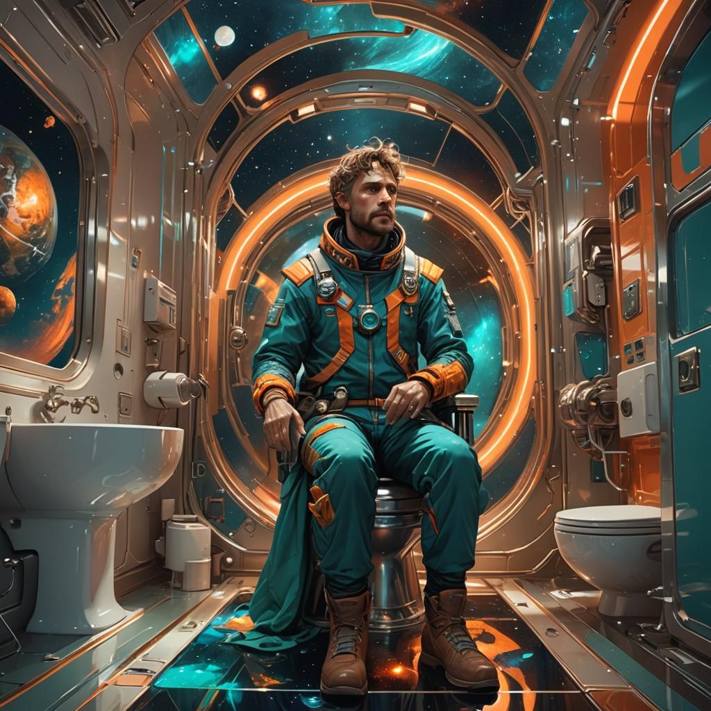 Man on Toilet in Space with Reflection