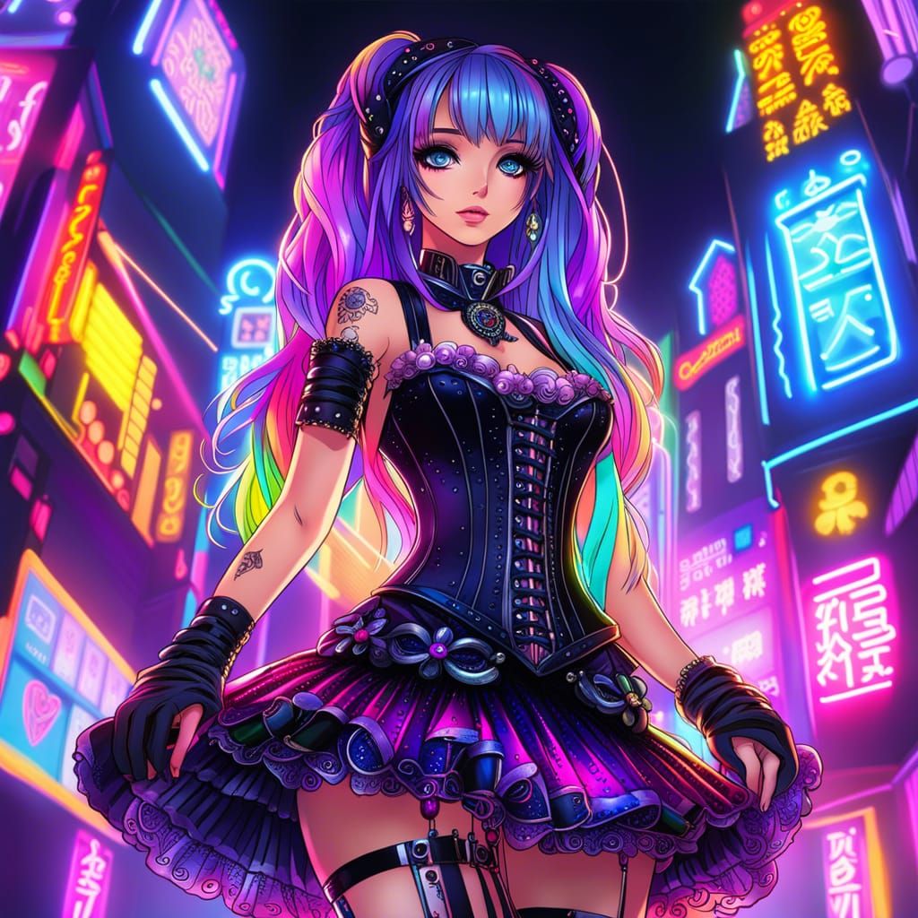 Colorful Raver Goth Girl in Anime Style