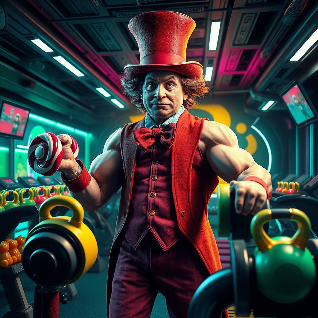 Muscular Willy Wonka Training in Futuristic Gym