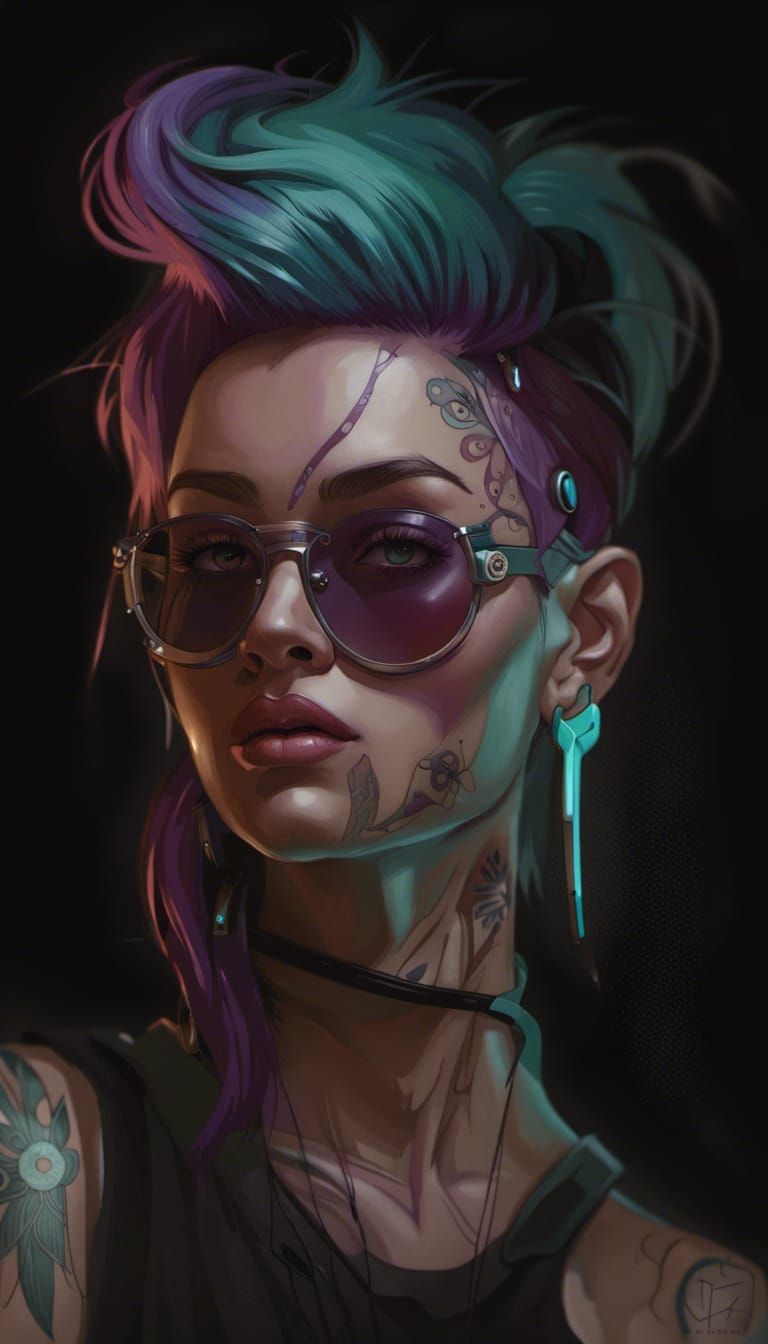 Cyberpunk Woman Portrait with Turquoise Hair, Detailed Art