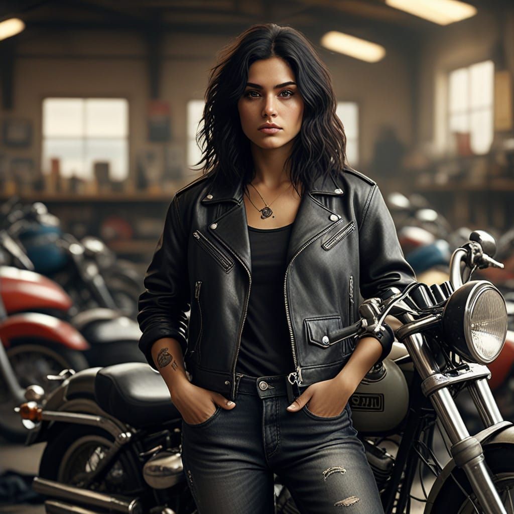 Mediterranean Woman in Automotive Shop, Cinematic Style