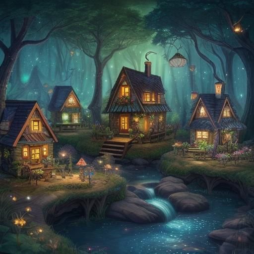 Enchanted Fairy Village with Fireflies at Night
