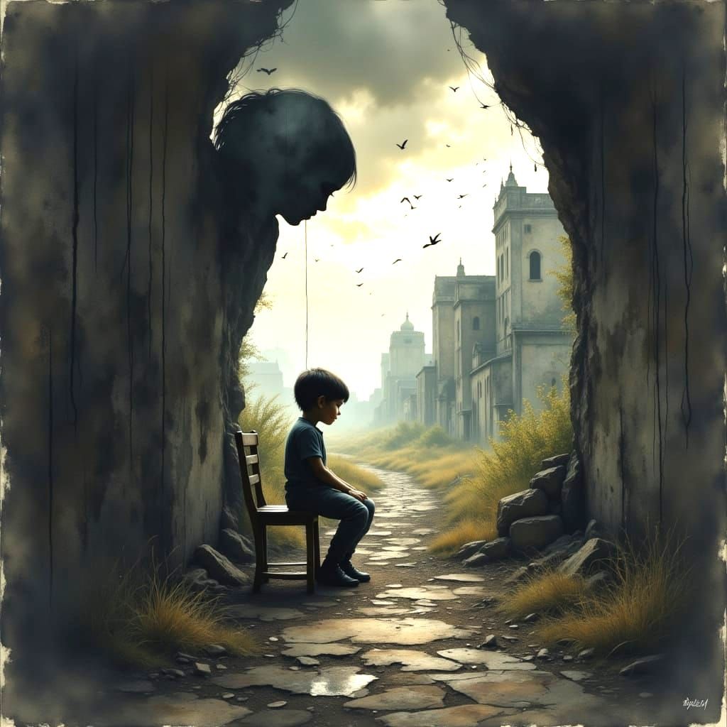 Haunting Silhouette: Child in Desolate Landscape