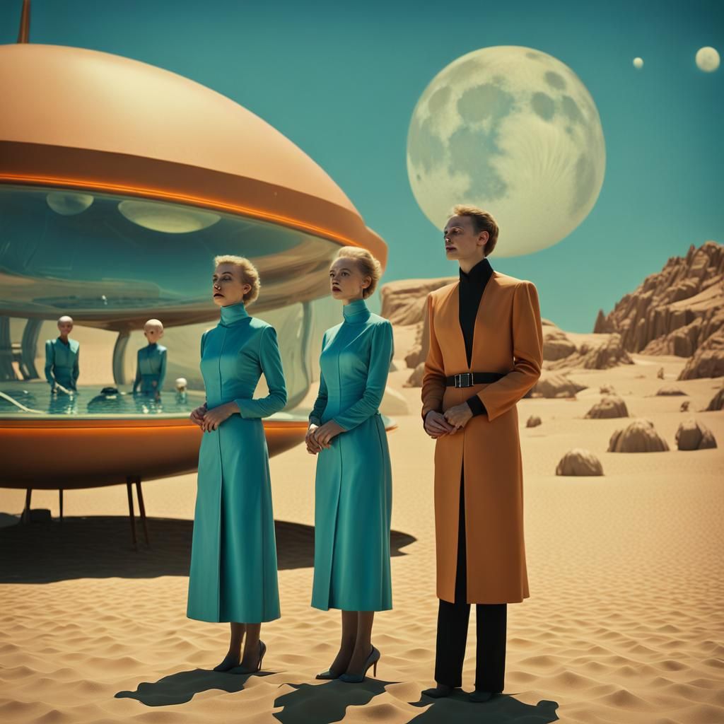 Elegant Aliens on a Futuristic Planet in 1950s Sci-Fi Style