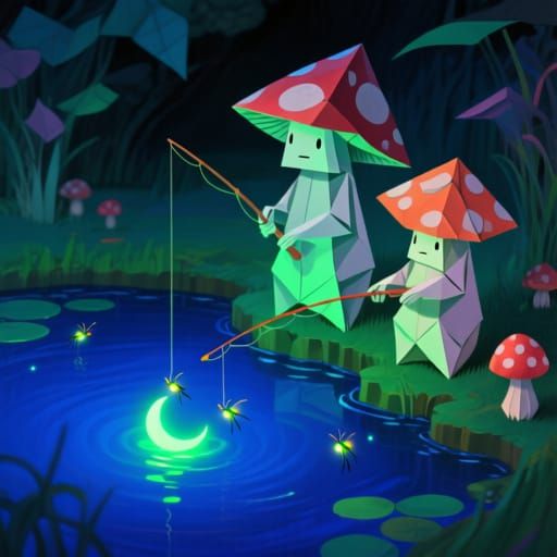 Origami Mushrooms Fishing for Moonbeams in Dreamlike Digital...