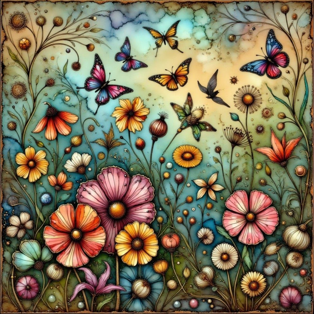 Whimsical Folkart Flowers in Rustic Clockpunk Style