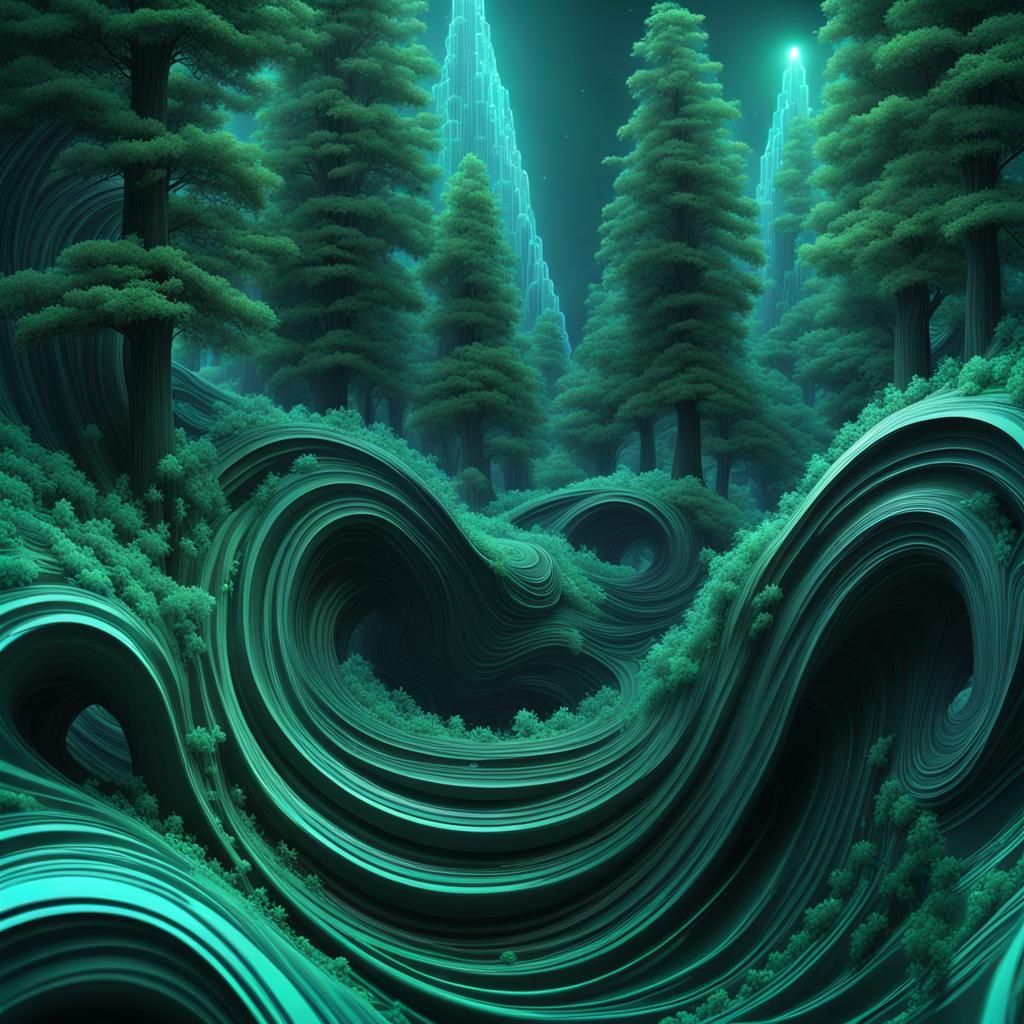Dark Forest with Spiraling Trees and Glowing Monolith