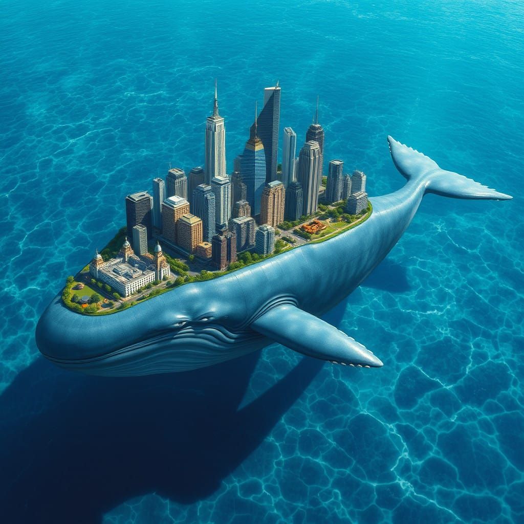 Colossal Blue Whale Supports Futuristic Metropolis in Crysta...