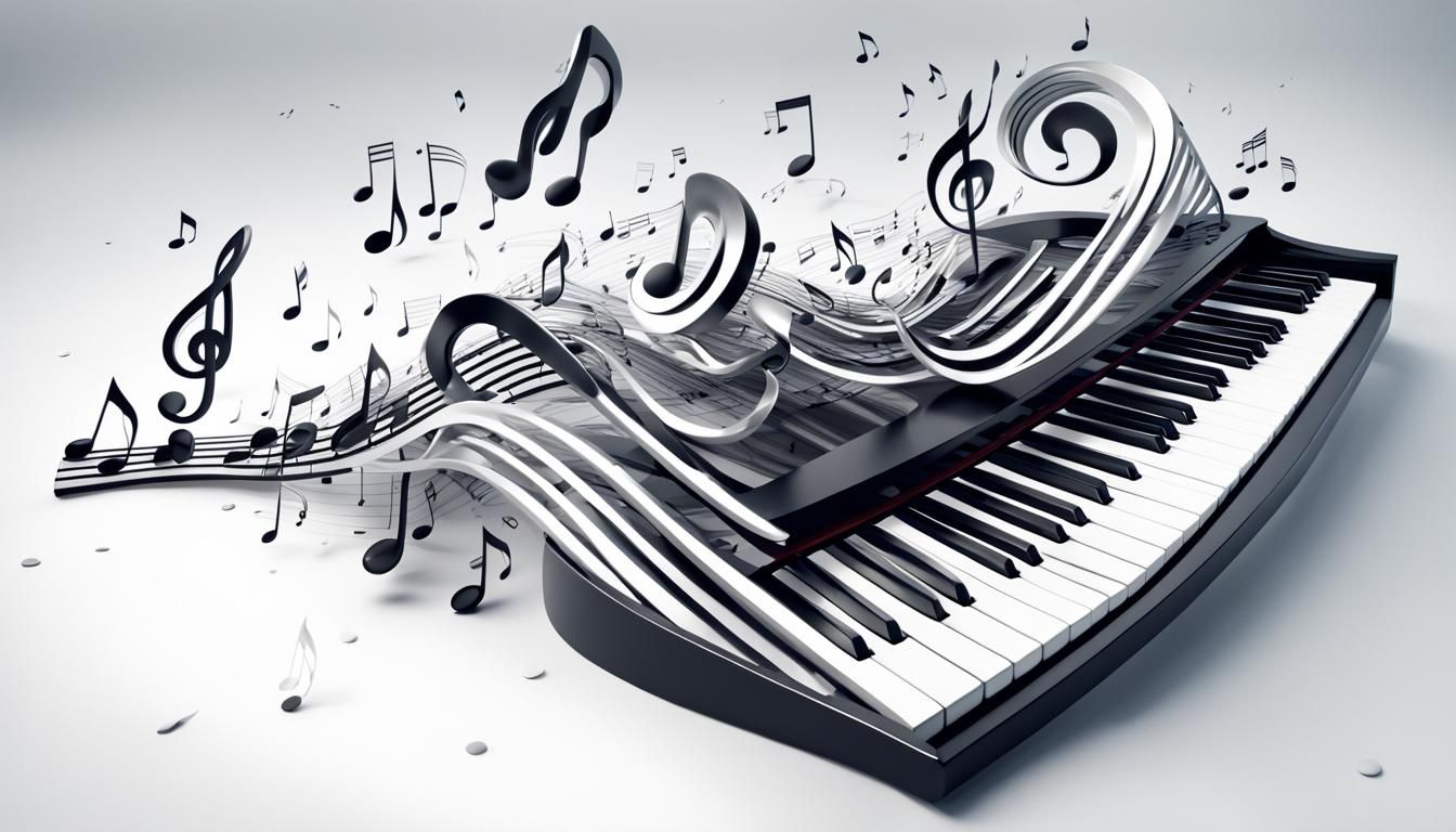 3D musical notes, notes made of piano keys, swirls of notes flying around the keyboard and curves in the style of digita...