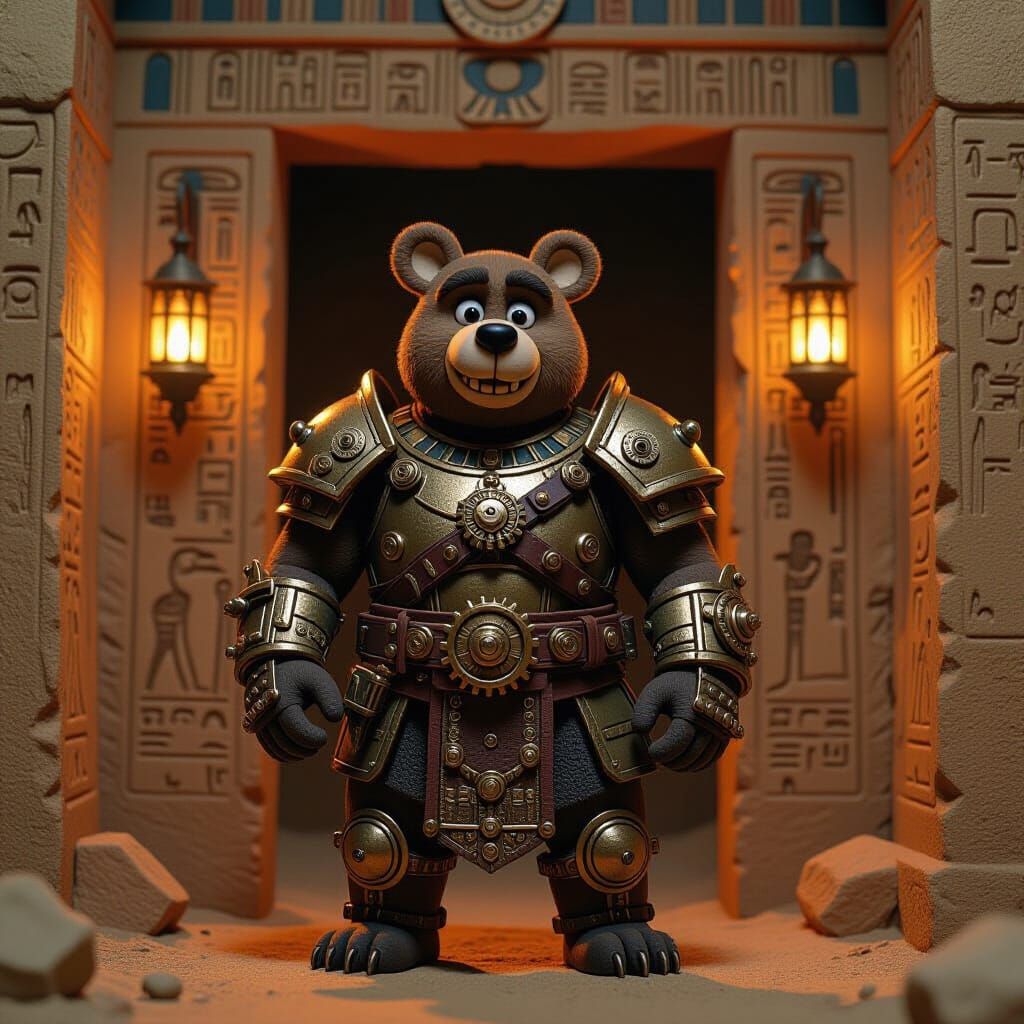 Steampunk Bear Barbarian Guarding Egyptian Tomb in Claymatio...