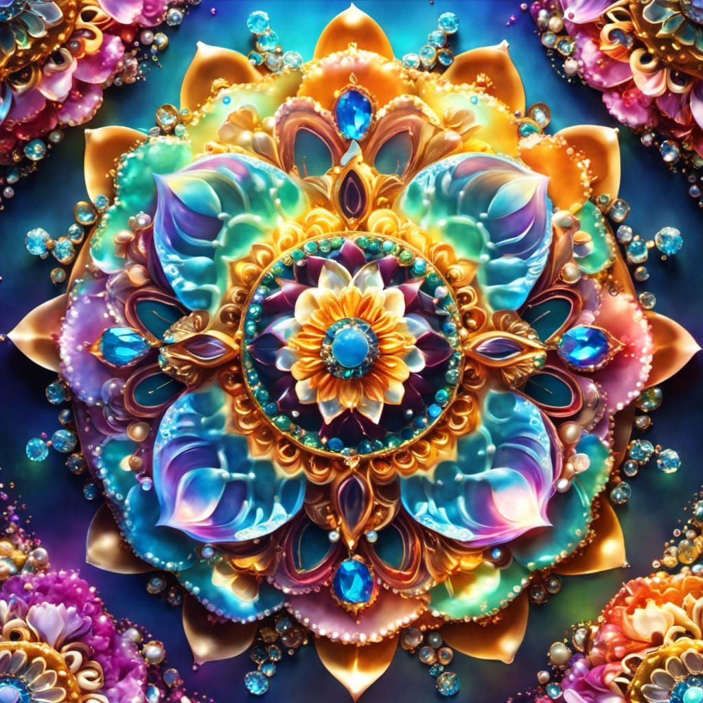 Gemstone Mandala Holographic Art in Kinkade Style