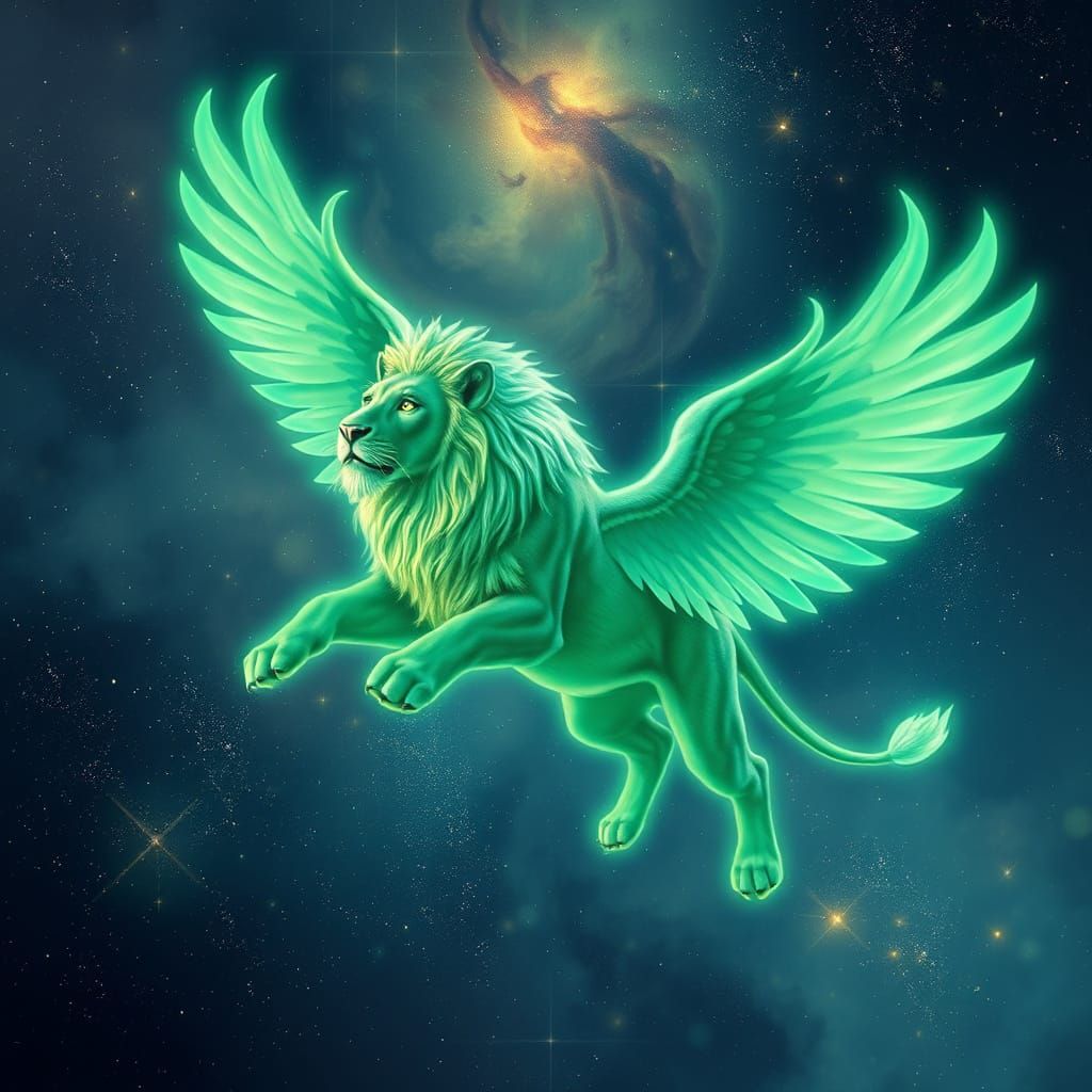 Celestial Green Lion in Ethereal Flight