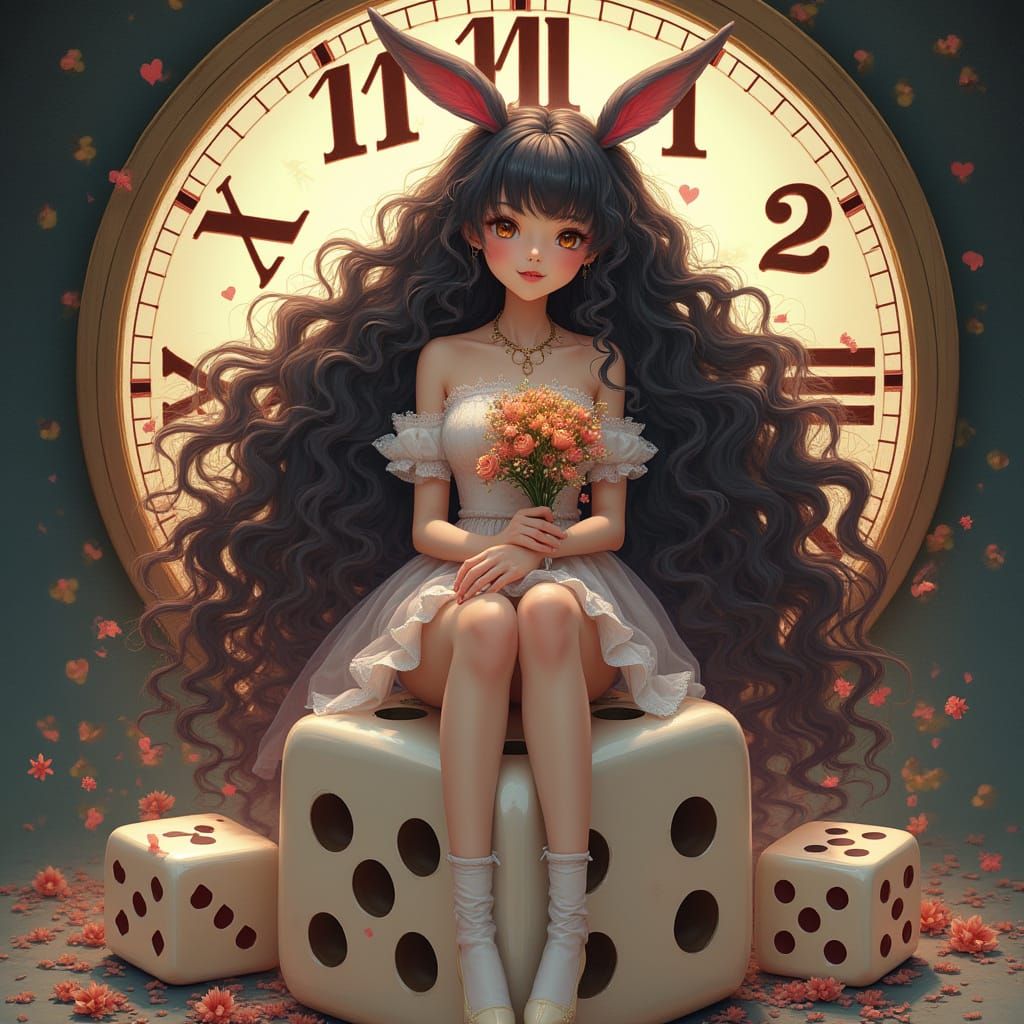 Whimsical Dreamer: Curly Girl on Oversized Dice in Vibrant A...