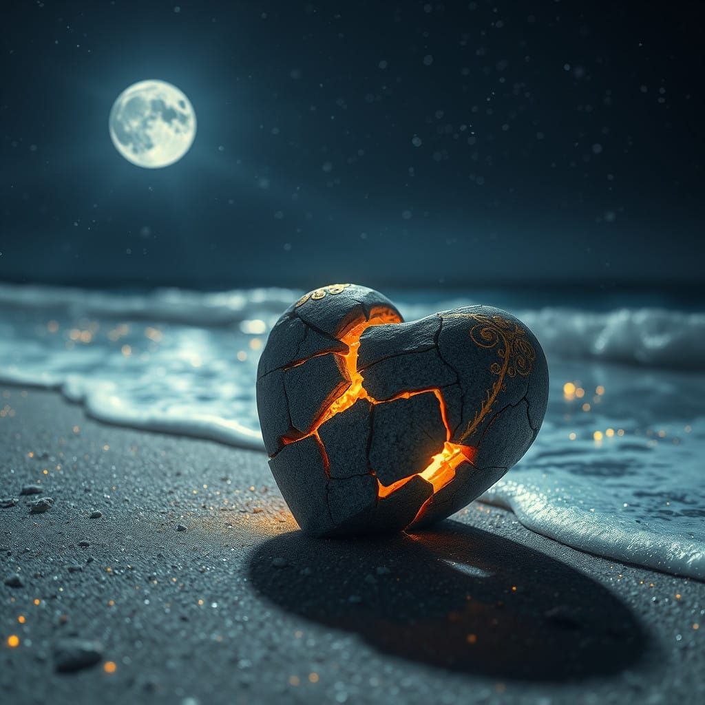 Surreal Beach Scene: Shattered Stone Heart Repaired with Pur...