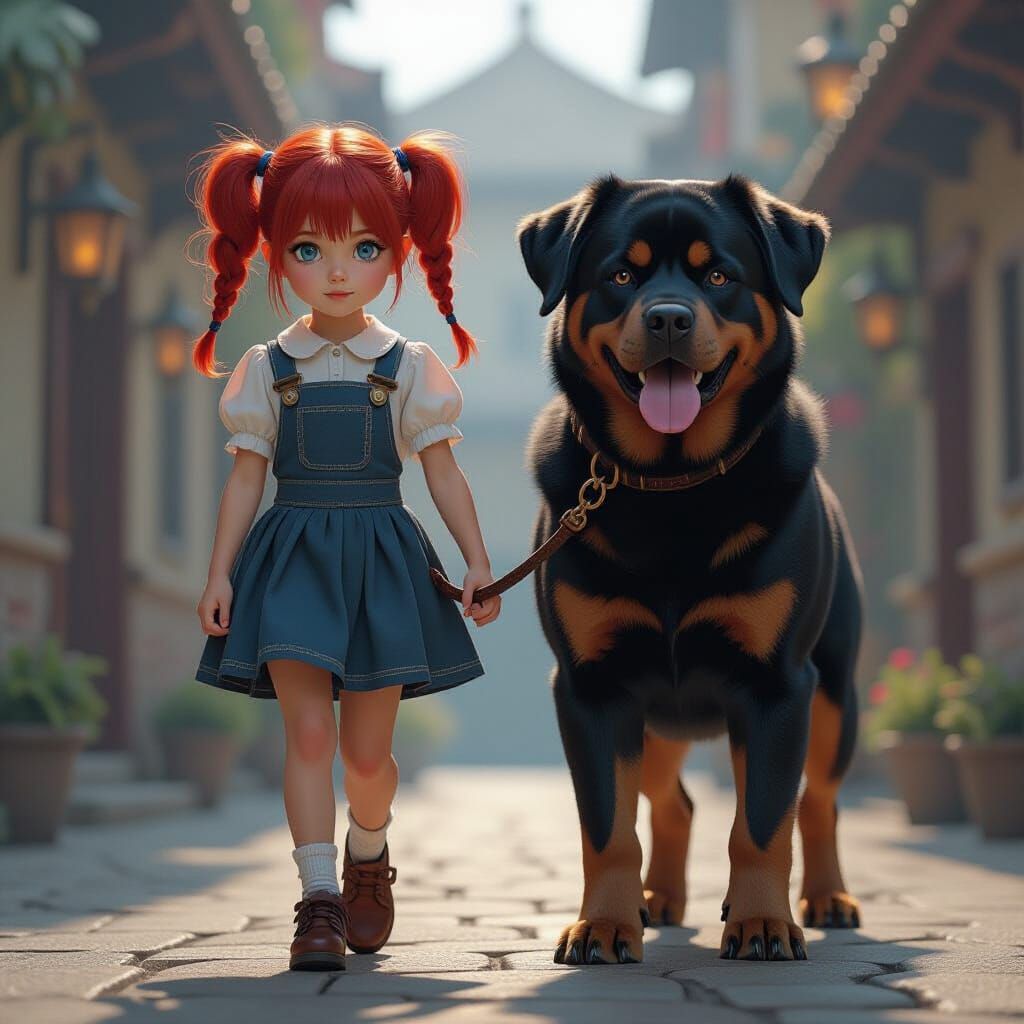 Redhead Woman Walks Rottweiler in Digital Matte Painting