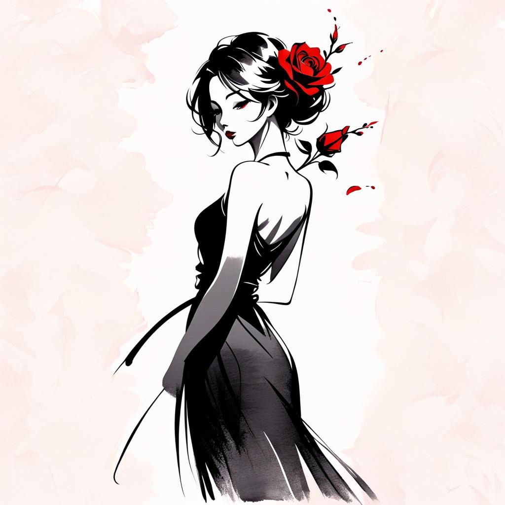 Elegant Brush Stroke Woman Silhouette in Japanese Style