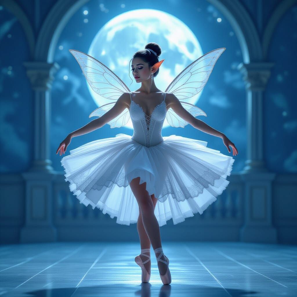 Elf Ballerina Dancing in Moonlit Studio