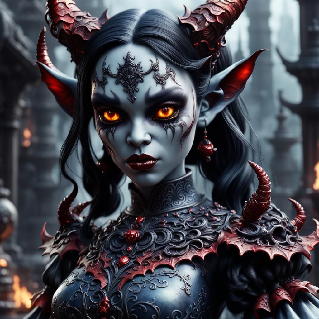 Detailed Black Porcelain Demon Doll: Fantasy Art