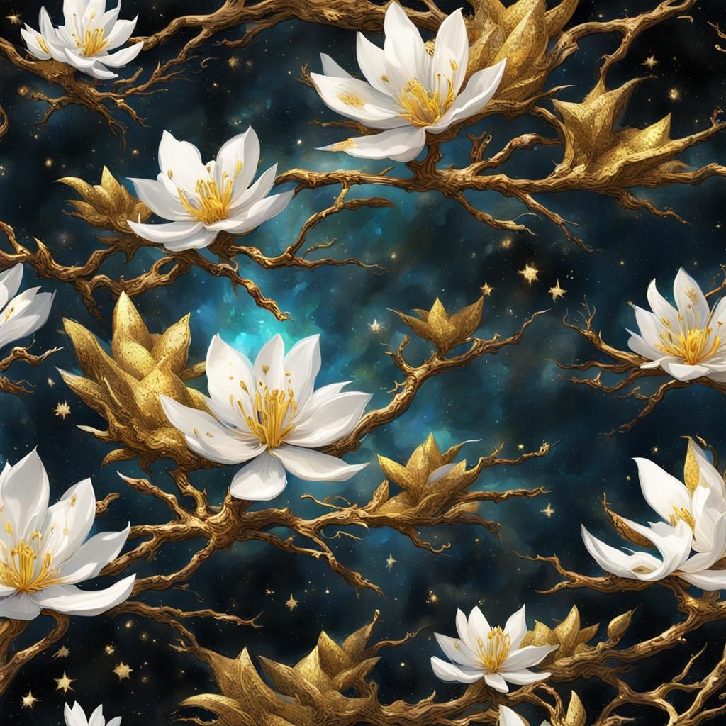 Star Magnolia: Maximalist Drip Painting in Gold
