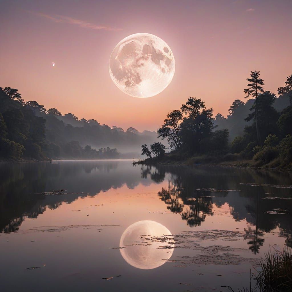 Cinematic Full Moon Over Serene Lake in Golden Hour