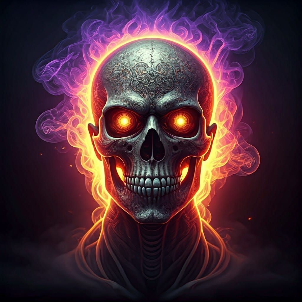 Fiery Skull Emerges from Dystopian Fog