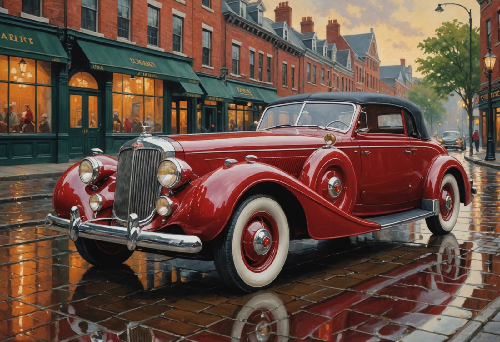 Vintage Auburn Car on Wet Cobblestone Street