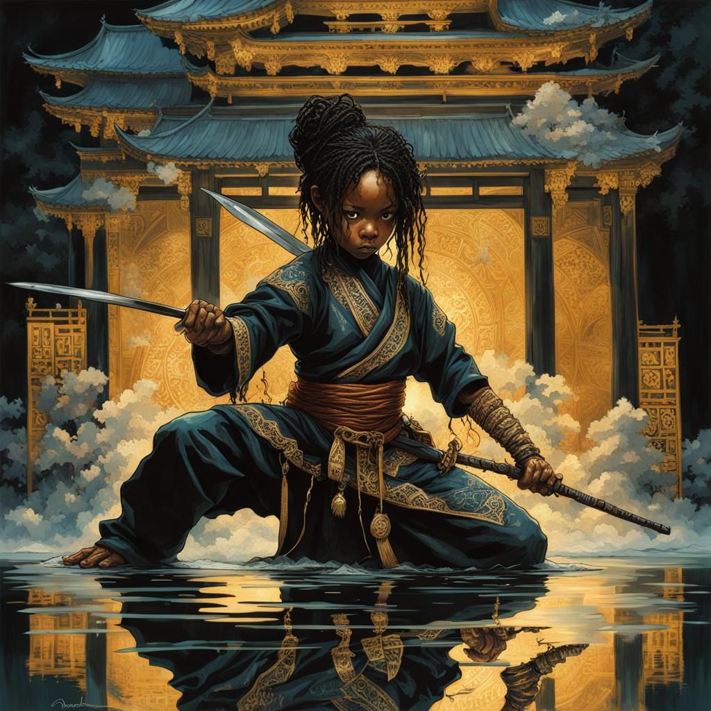 Bioluminescent Ninja Fight in Dark Fantasy Lace Art Style