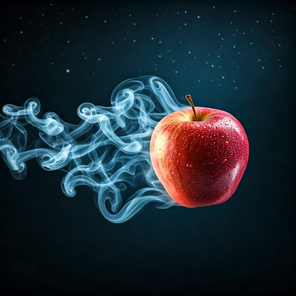 Moonlit Apple Emerge from Vapor Smoke in Dark Night Sky