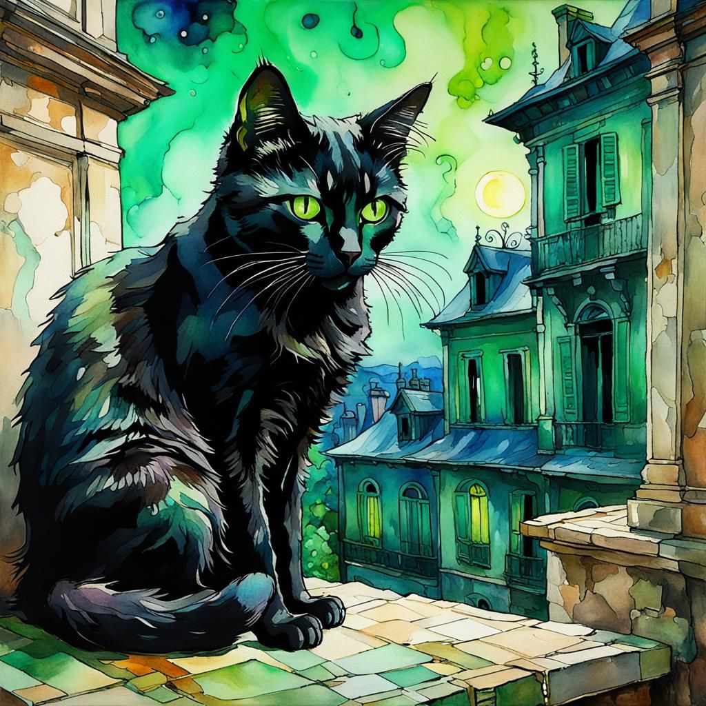 Mysterious Black Cat in Dilapidated Mansion, Impressionism