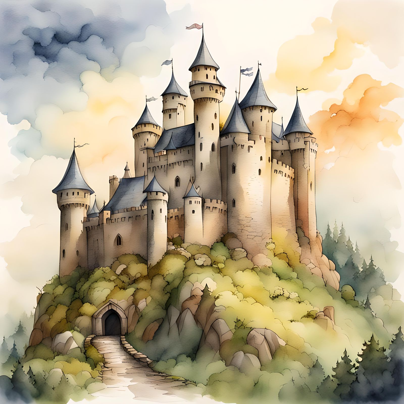 Charming Medieval Castle in Watercolor Illustration