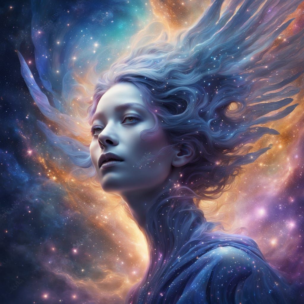 Ethereal Stardust Woman with Celestial Wings