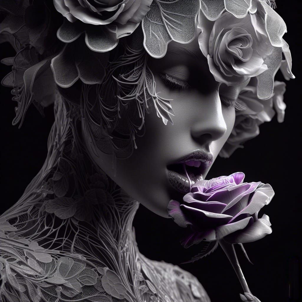 Monochrome Portrait with Purple Rose