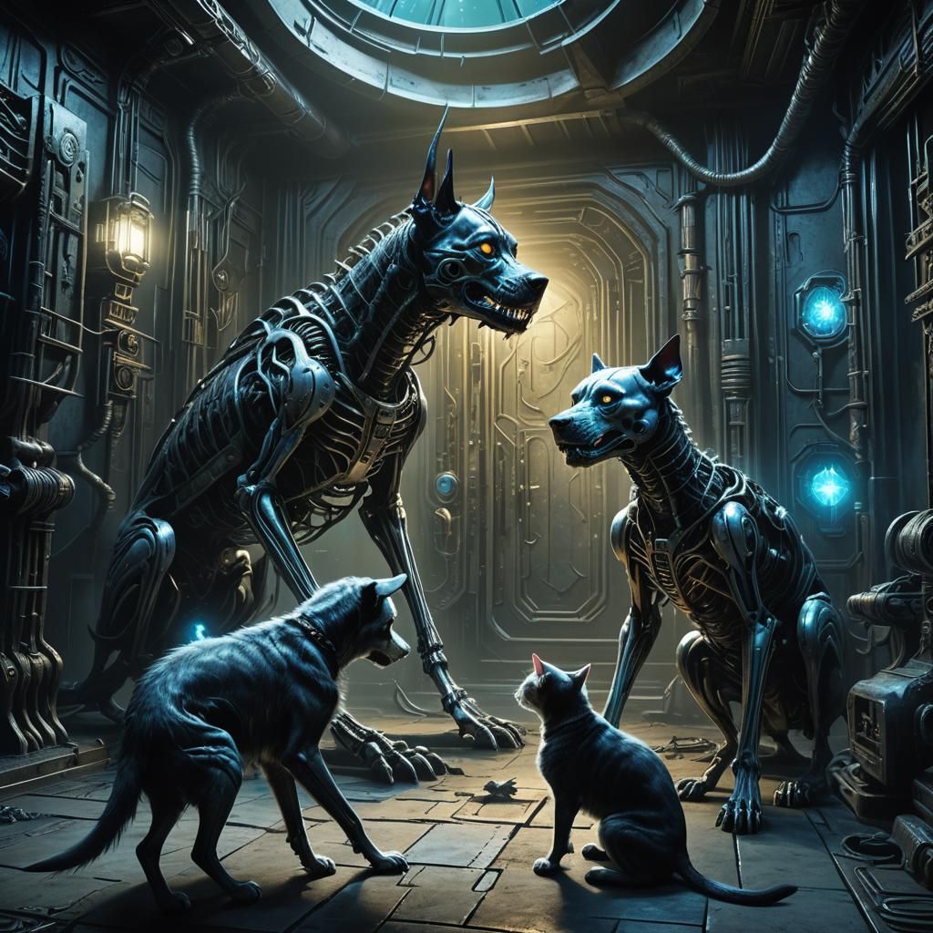 Mystical Biomechanical Dog and Cat Encounter