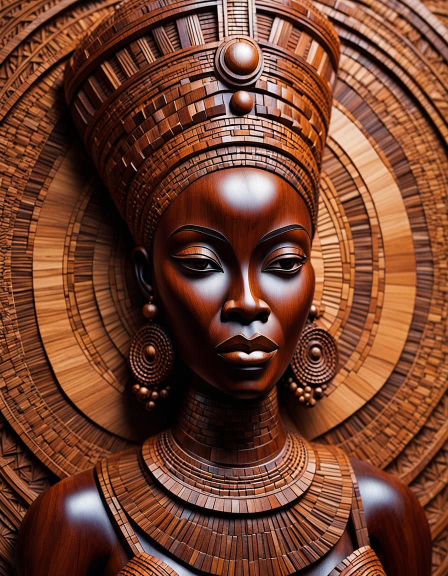 African Queen Portrait in Wooden Pop Art Style