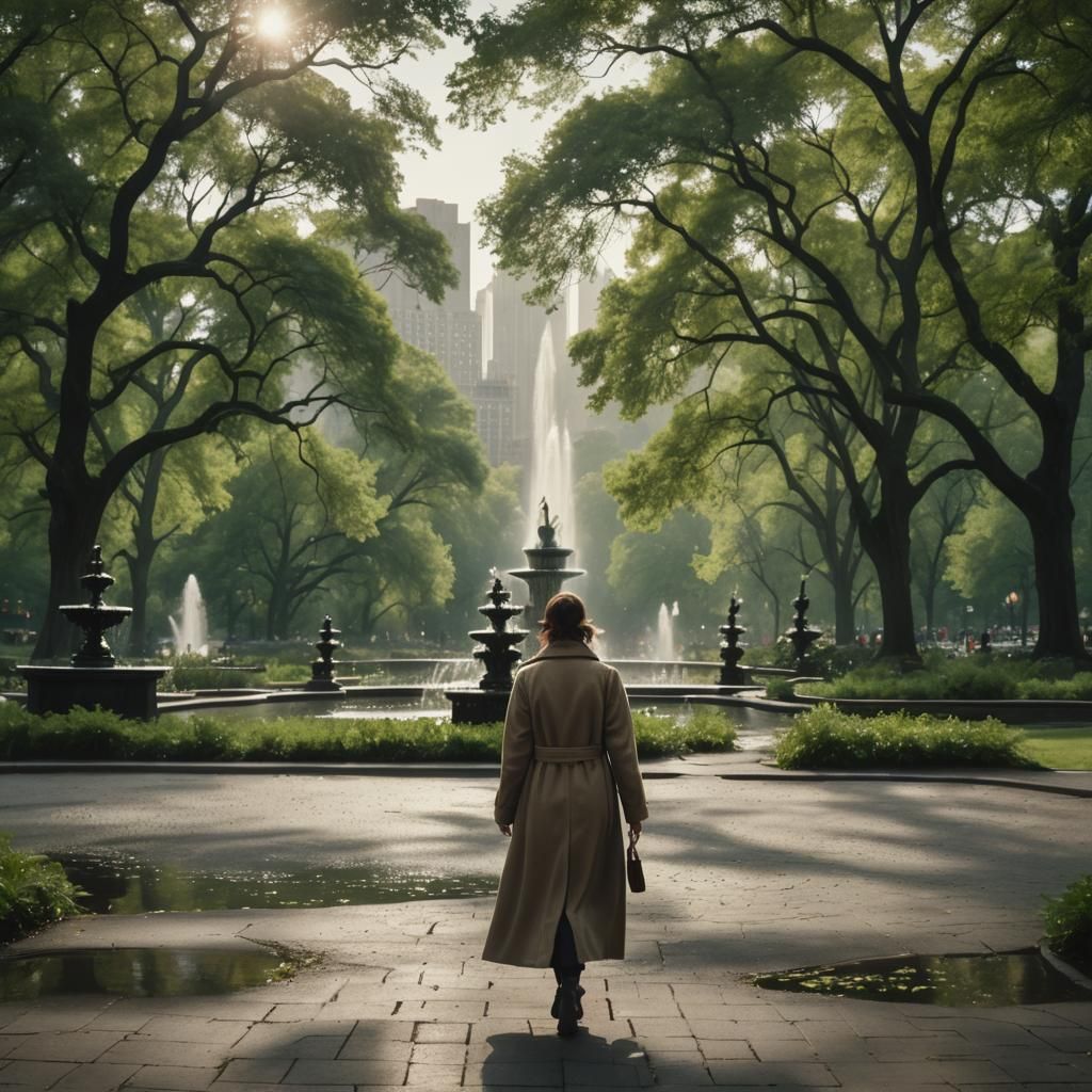 Woman in Central Park: A Cinematic Film Still