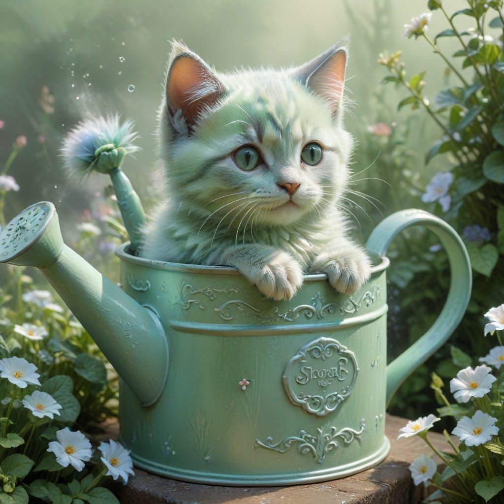 Kitten Peeking From Pale Green Watering Can