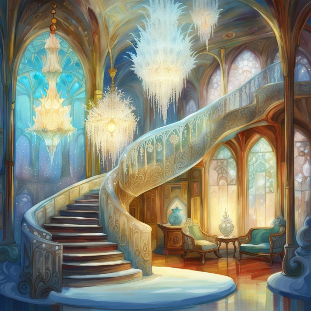 Snow Palace Interior with Fractal Chandelier in Art Nouveau