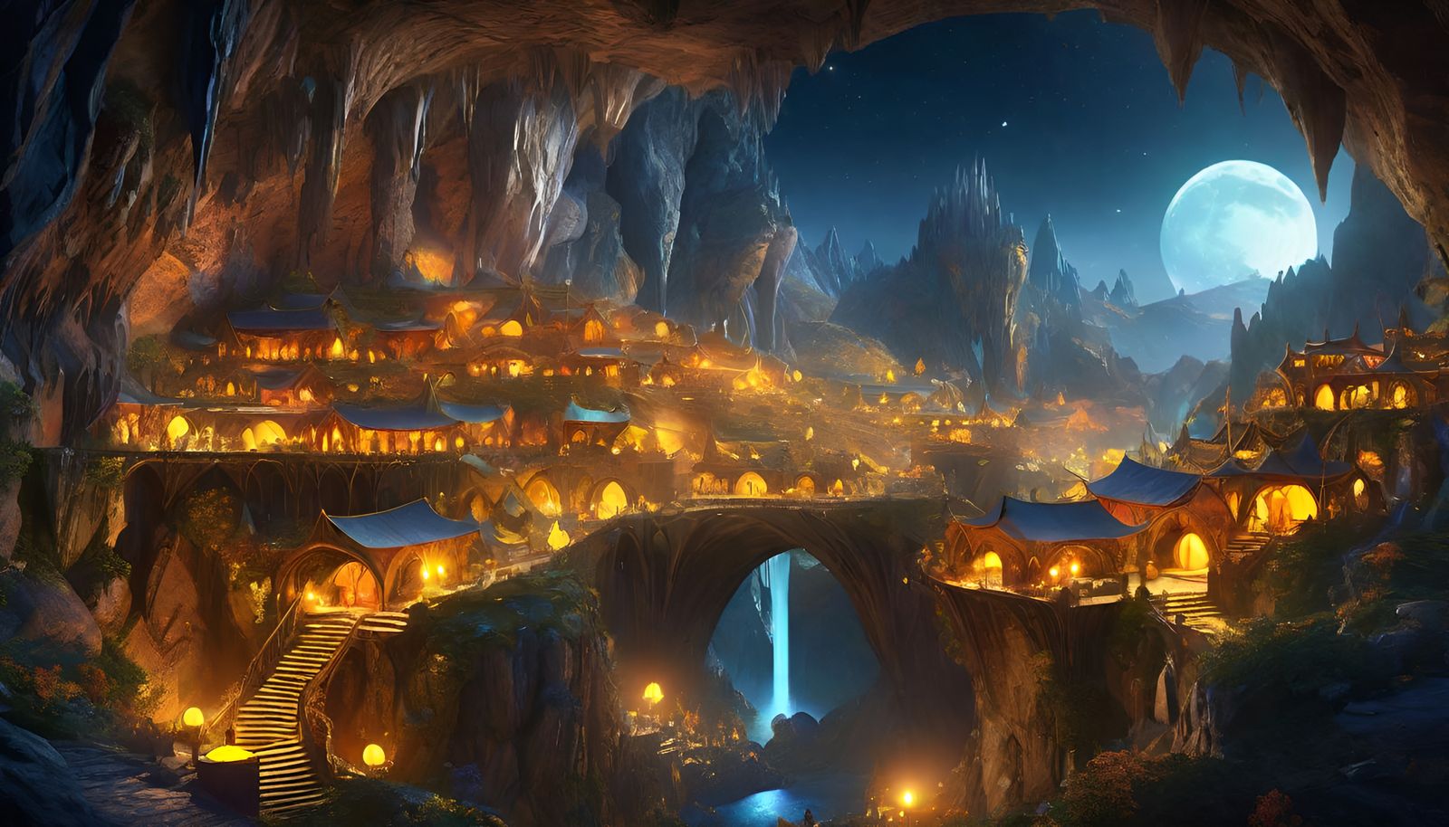 Mystical Elven Village in Cavernous Cave, Fantasy Art