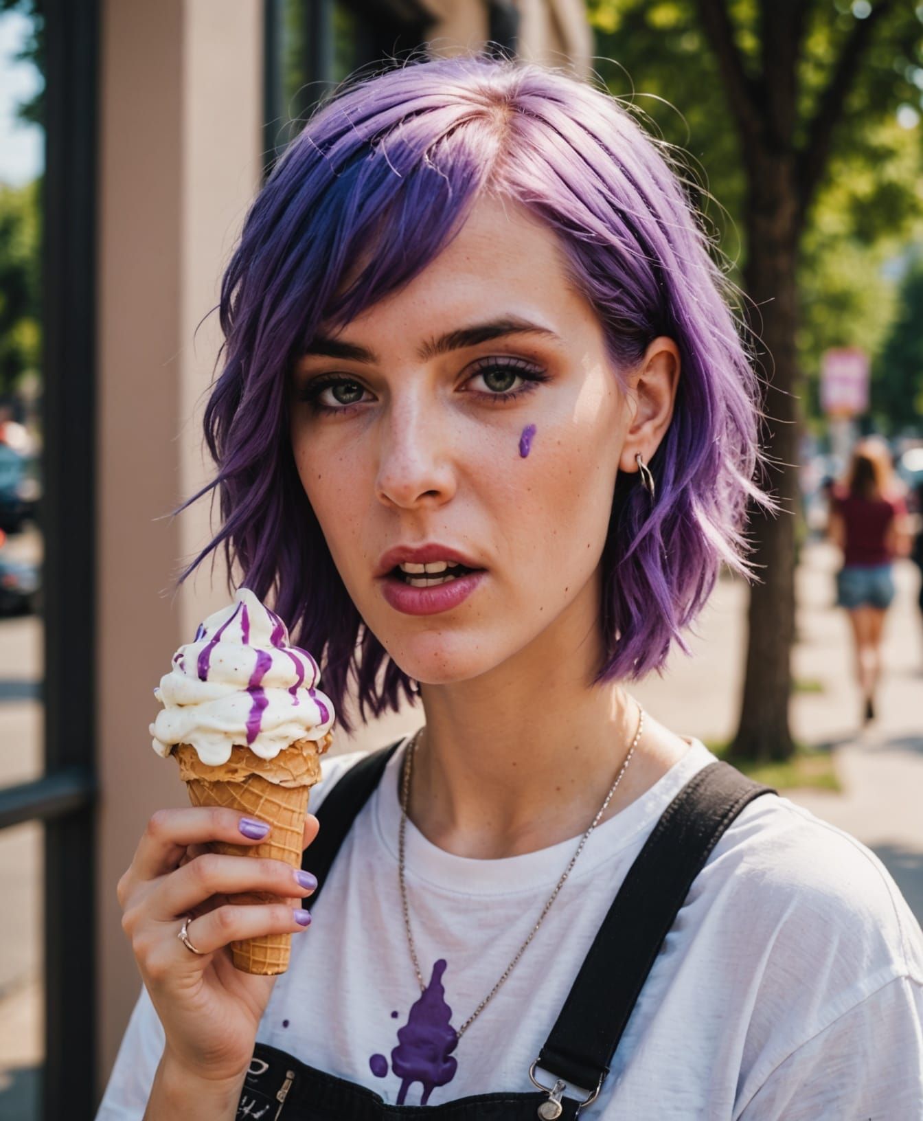 Emo Girl's Dripping Ice Cream on Summer Day