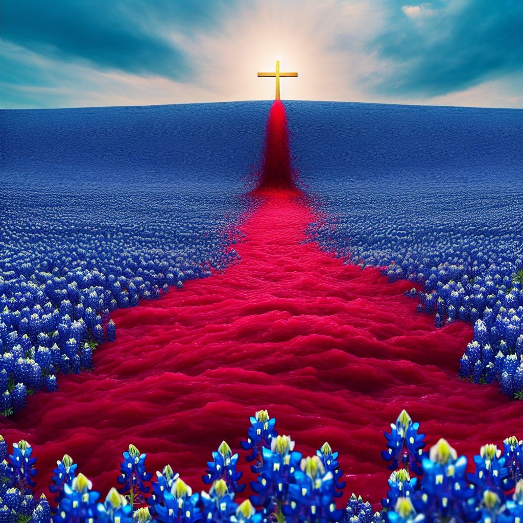 Golden Cross Spilling Blood into Bluebonnet Field