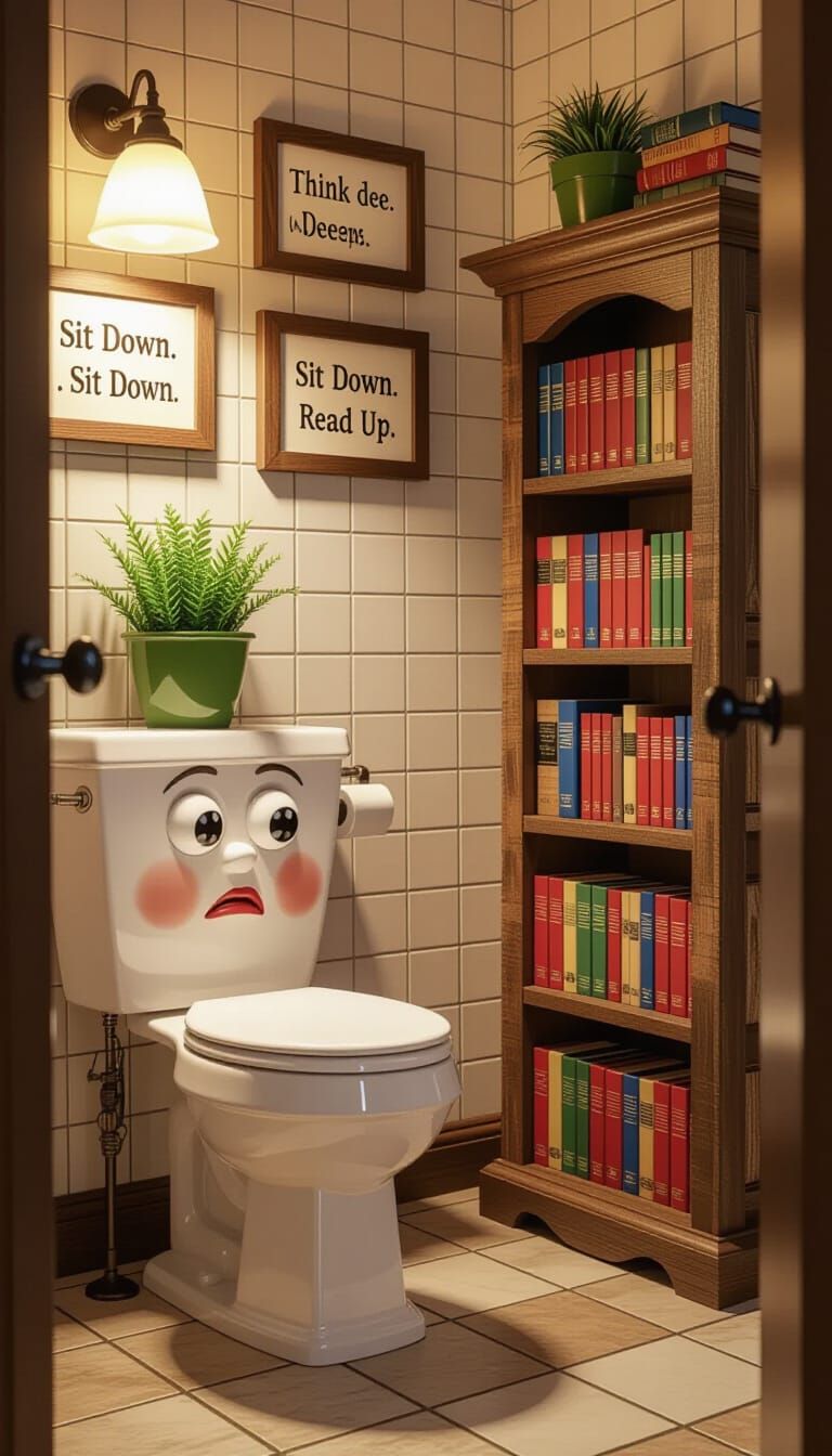 Whimsical Toilet Character with Bookshelf in Cozy Bathroom