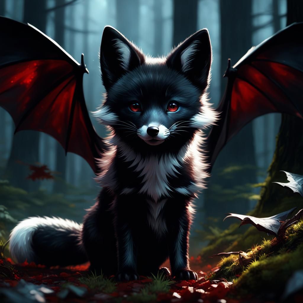 Baby Fox with Bat Wings in Dark Forest