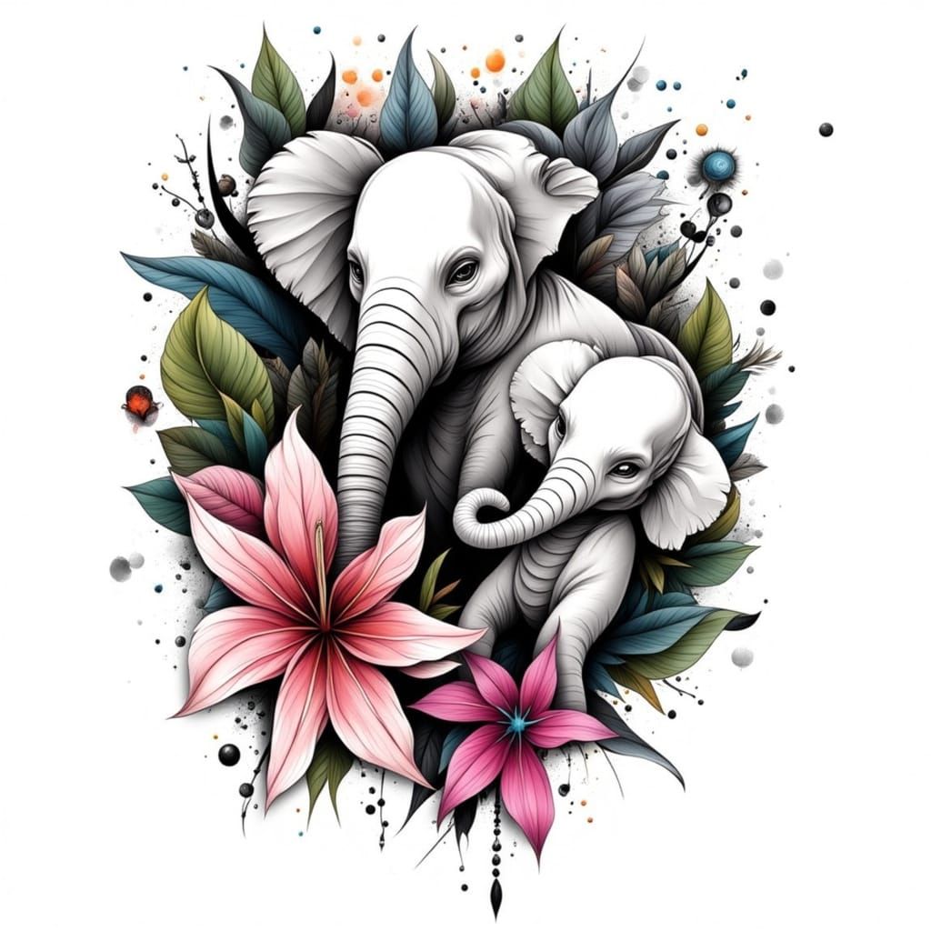 Neo-Traditional Tattoo Design: Mother and Baby Elephant