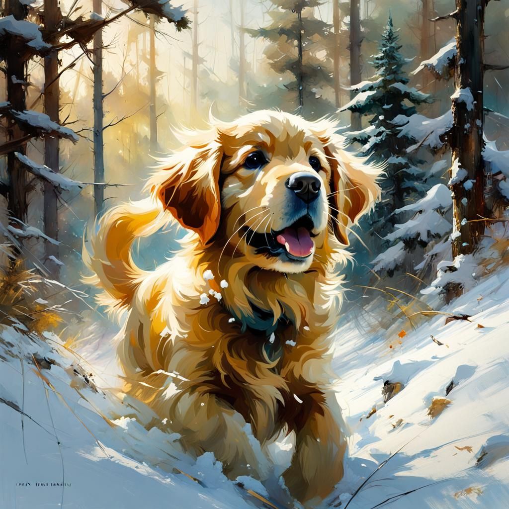 Golden Retriever Puppies Play in Snowy Forest