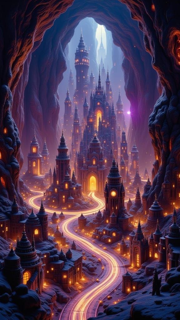 Intricate Miniature City in Dark Cavern